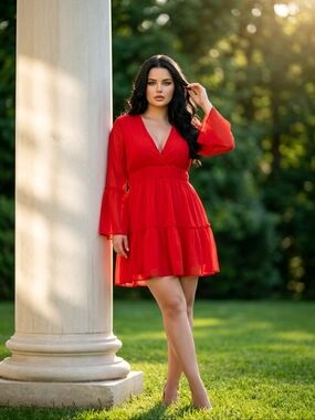 Red V-Neck Tiered Women's Dress